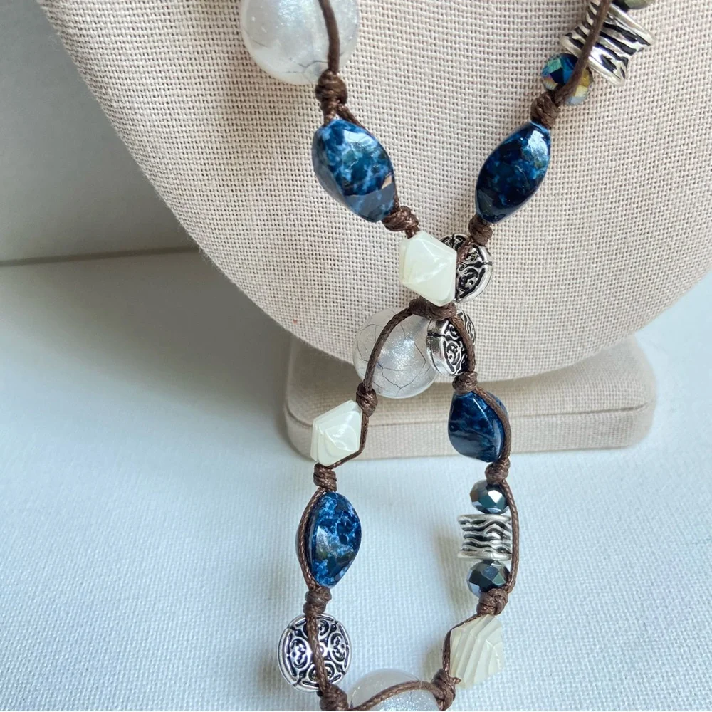 Premier Designs Chambray necklace blue white silvertone beads on cord with bolo